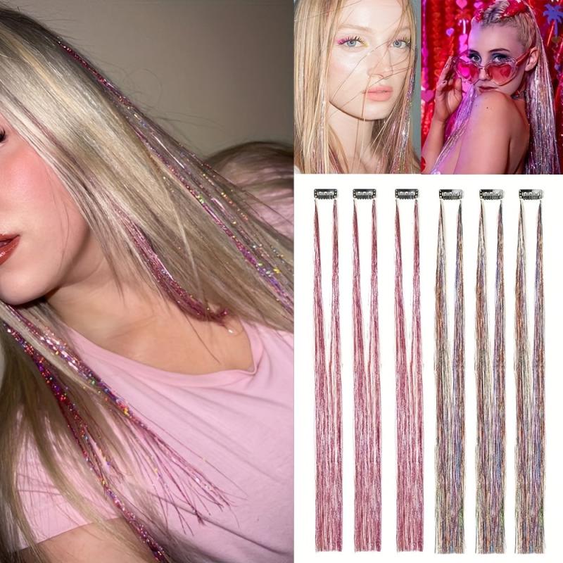 6Pce 20inch Tinsel Hair Extensions Invisible Clip Fairy Hair Glitter Highlights