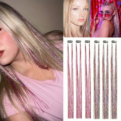 6Pce 20inch Tinsel Hair Extensions Invisible Clip Fairy Hair Glitter Highlights