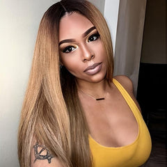 Gradient Linen 26 Inch Long Straight Synthetic Wig For Women