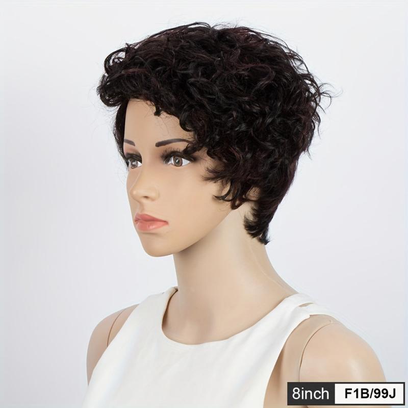 Pixie Short Cut Curly Human Hair Wigs With Bangs for Women