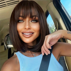 Short Straight Bob Cut Wig With Bangs Synthetic Pink Bob Wig