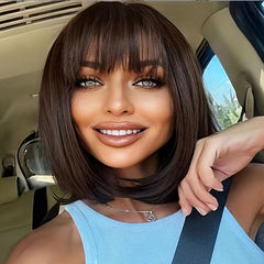 Short Straight Bob Cut Wig With Bangs Synthetic Pink Bob Wig