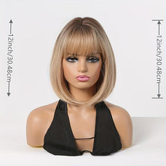 Short Straight Bob Cut Wig With Bangs Synthetic Pink Bob Wig