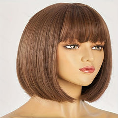 Short Straight Bob Cut Wig With Bangs Synthetic Pink Bob Wig