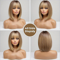 Short Straight Bob Cut Wig With Bangs Synthetic Pink Bob Wig