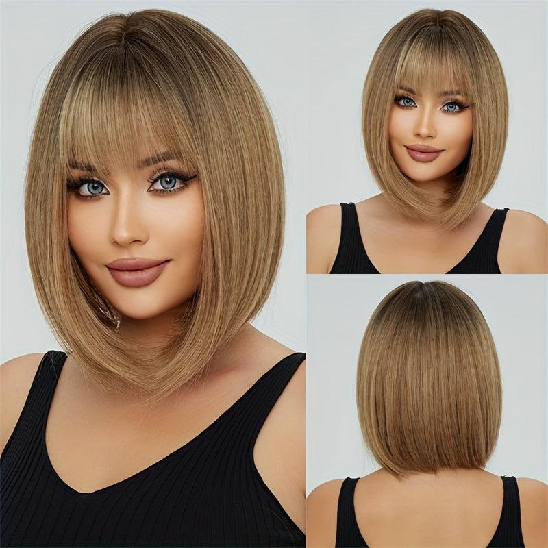 Short Straight Bob Cut Wig With Bangs Synthetic Pink Bob Wig