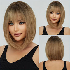 Short Straight Bob Cut Wig With Bangs Synthetic Pink Bob Wig