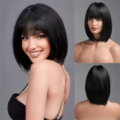 Short Straight Bob Cut Wig With Bangs Synthetic Pink Bob Wig