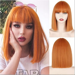 Short Straight Bob Cut Wig With Bangs Synthetic Wig Heat Resistant