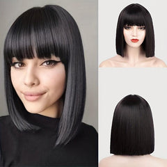 Short Straight Bob Cut Wig With Bangs Synthetic Wig Heat Resistant