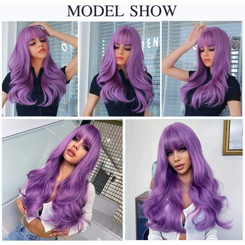 66 Cm Long Purple Wig With Bangs Natural Synthetic Hair Wavy Wigs Anime Costume