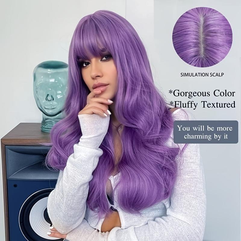 66 Cm Long Purple Wig With Bangs Natural Synthetic Hair Wavy Wigs Anime Costume