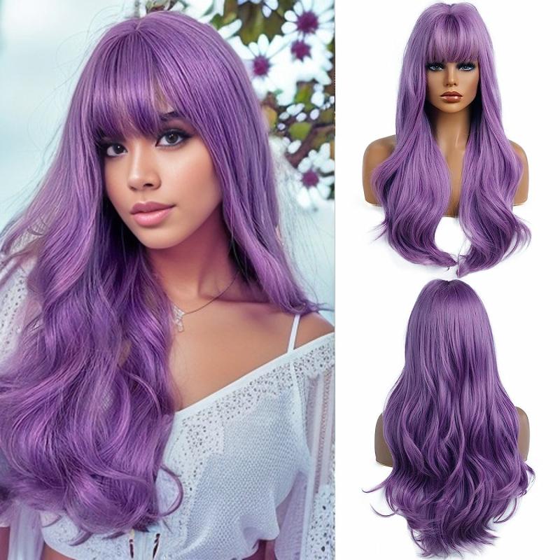 66 Cm Long Purple Wig With Bangs Natural Synthetic Hair Wavy Wigs Anime Costume