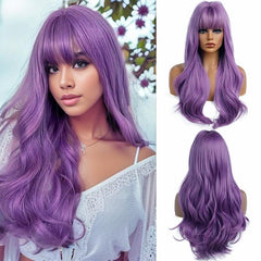 66 Cm Long Purple Wig With Bangs Natural Synthetic Hair Wavy Wigs Anime Costume