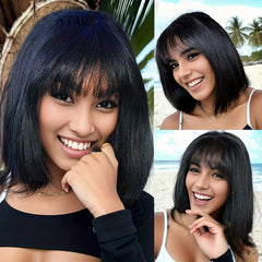Short Straight Bob Cut Wig With Bangs Synthetic Wig Heat Resistant