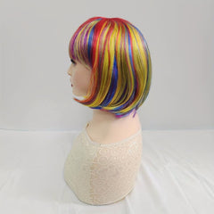 Rainbow Colors Short Hair Bob Wig With Bangs Synthetic Cosplay Daily Party Wig