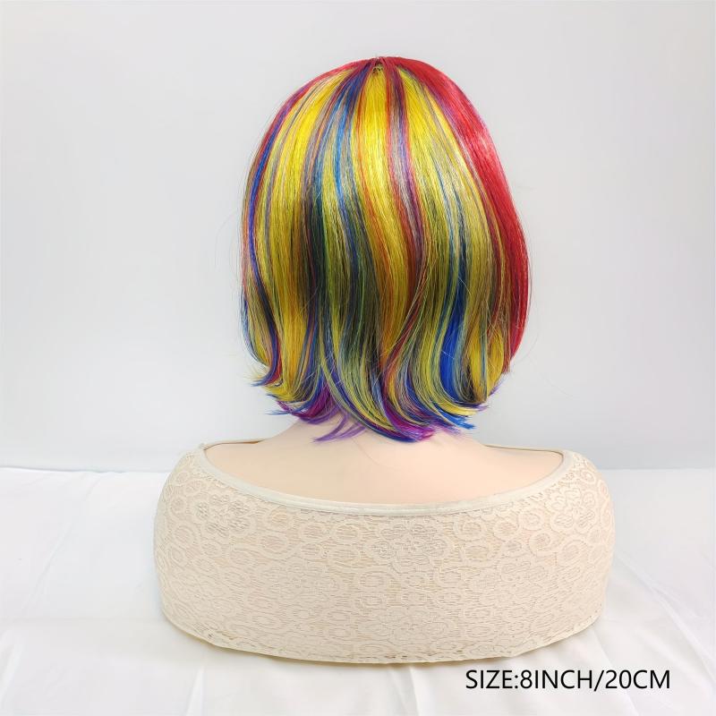 Rainbow Colors Short Hair Bob Wig With Bangs Synthetic Cosplay Daily Party Wig