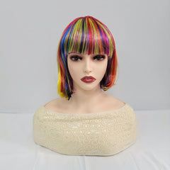 Rainbow Colors Short Hair Bob Wig With Bangs Synthetic Cosplay Daily Party Wig