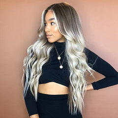 Long Body Wave Wigs Middle Part Ombre Wavy Hair Synthetic Wig Heat Resistant
