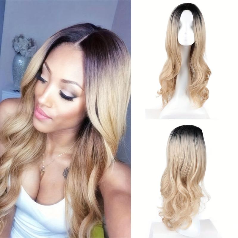 Long Body Wave Wigs Middle Part Ombre Wavy Hair Synthetic Wig Heat Resistant