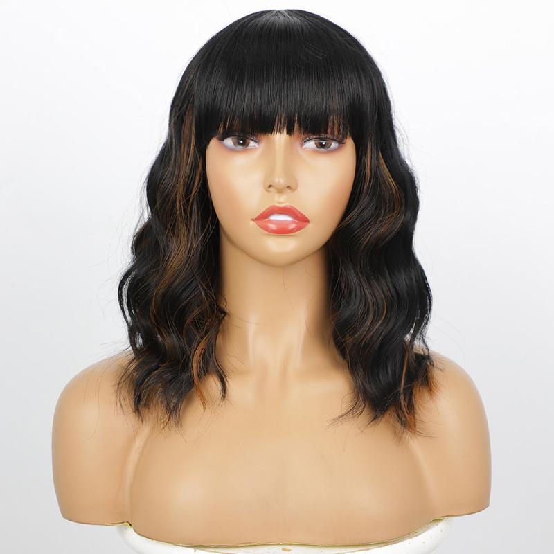 Short Wavy Bob Wig with Bangs 14 Inch