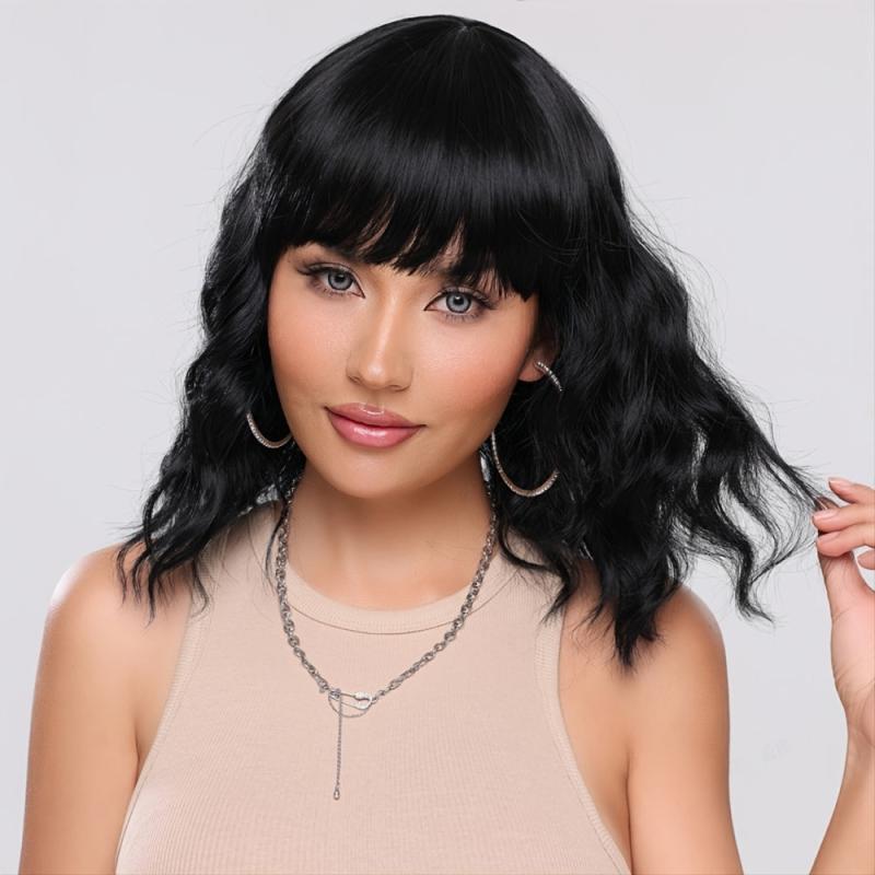 Short Wavy Bob Wig with Bangs 14 Inch