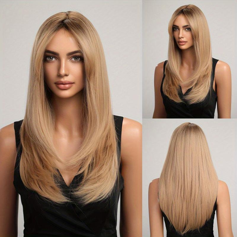 Long Straight Brown Layered Wigs Ombre Blonde Wigs With Bangs