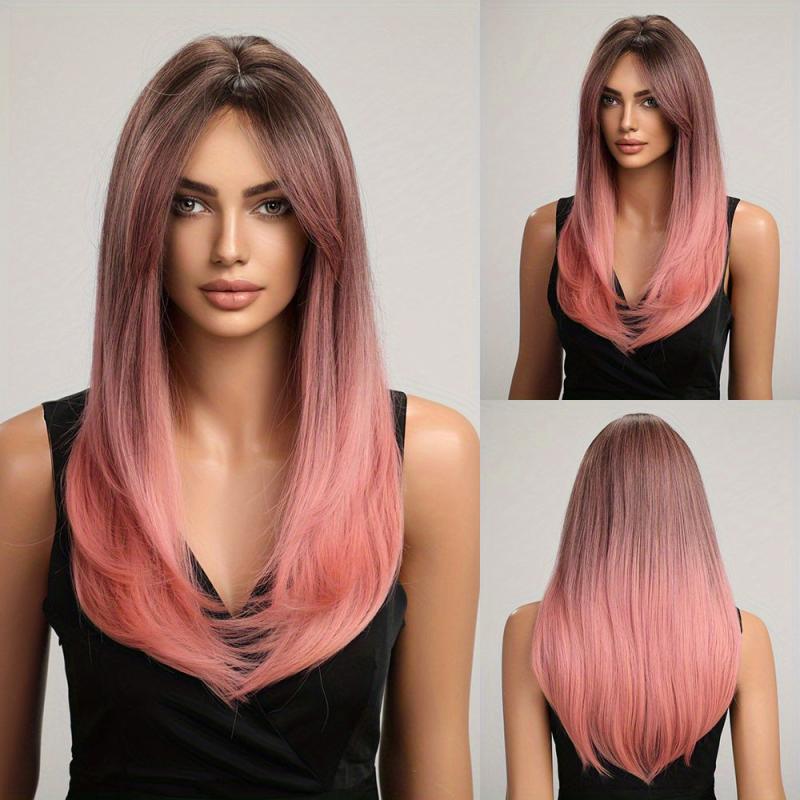 Long Straight Brown Layered Wigs Ombre Blonde Wigs With Bangs