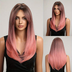 Long Straight Brown Layered Wigs Ombre Blonde Wigs With Bangs