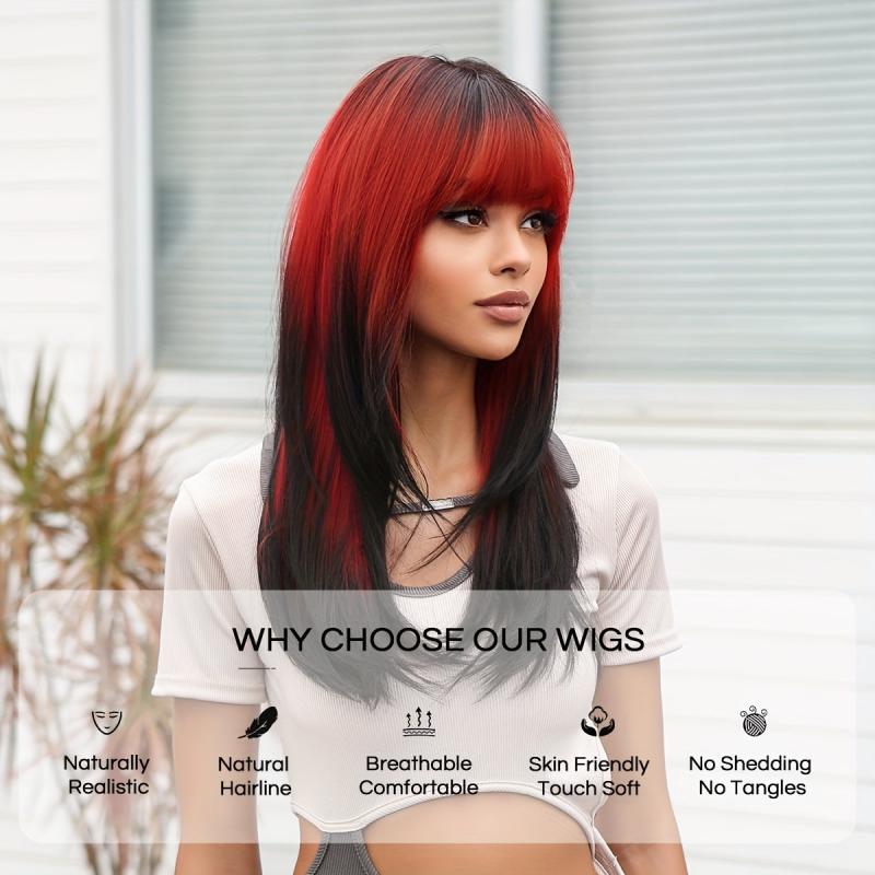 Long Straight Brown Layered Wigs Ombre Blonde Wigs With Bangs