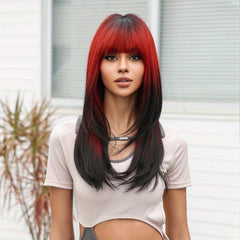Long Straight Brown Layered Wigs Ombre Blonde Wigs With Bangs