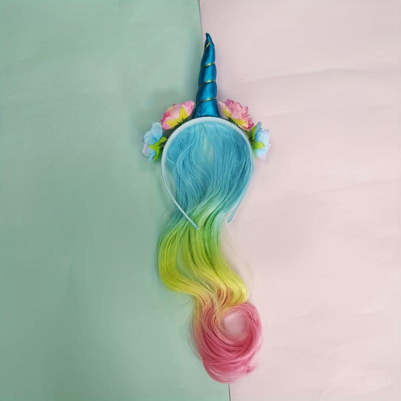 Unicorn Headband Curly Wig For Girls Rainbow Flower Birthday Party Supplies