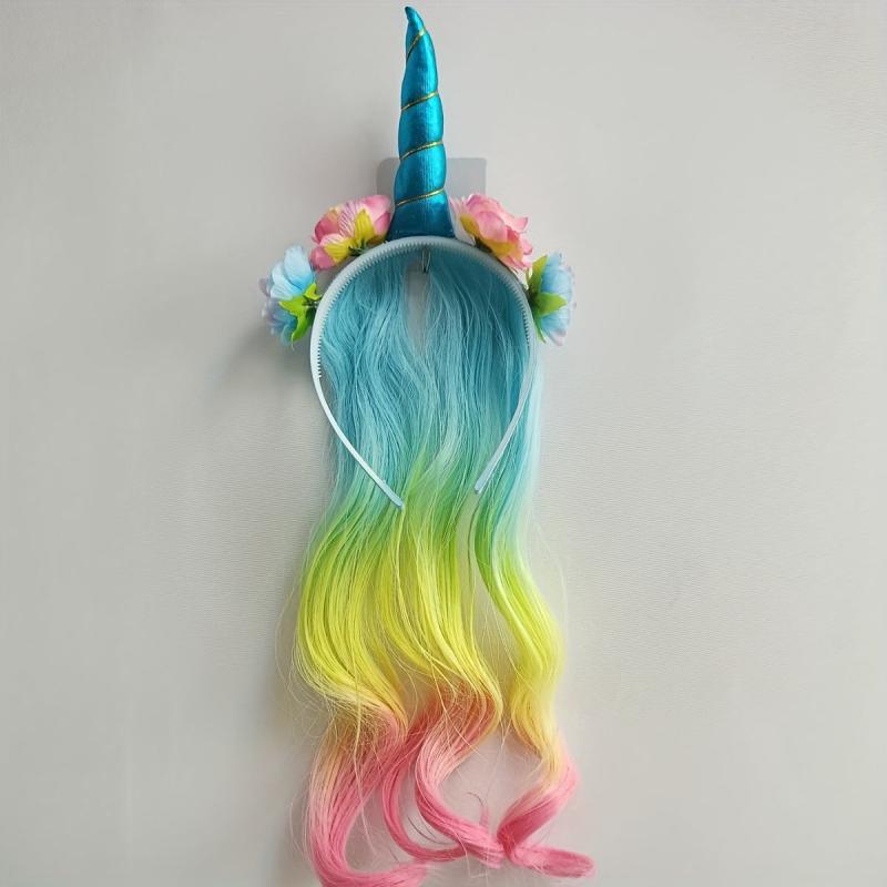 Unicorn Headband Curly Wig For Girls Rainbow Flower Birthday Party Supplies