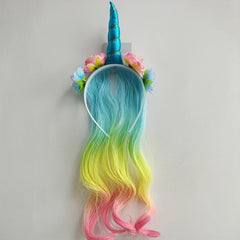 Unicorn Headband Curly Wig For Girls Rainbow Flower Birthday Party Supplies