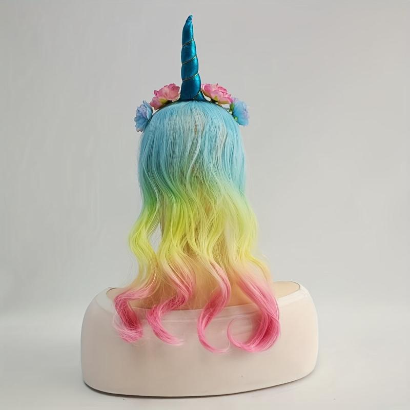 Unicorn Headband Curly Wig For Girls Rainbow Flower Birthday Party Supplies