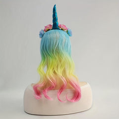 Unicorn Headband Curly Wig For Girls Rainbow Flower Birthday Party Supplies