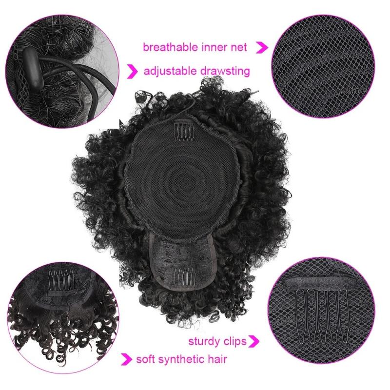 Afro Curly Ponytail Hair Bun 25.4cm Drawstring Extension with Bang Clip-In 1PC