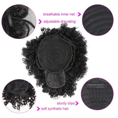 Afro Curly Ponytail Hair Bun 25.4cm Drawstring Extension with Bang Clip-In 1PC