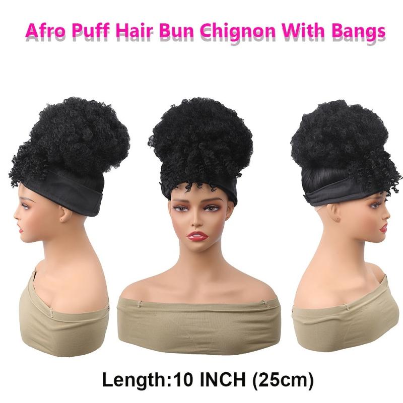 Afro Curly Ponytail Hair Bun 25.4cm Drawstring Extension with Bang Clip-In 1PC