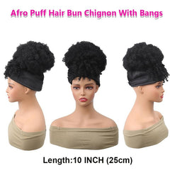 Afro Curly Ponytail Hair Bun 25.4cm Drawstring Extension with Bang Clip-In 1PC
