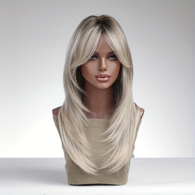 Layered Gradient Gray Brown Hair Wig for Women 55 88 Cm