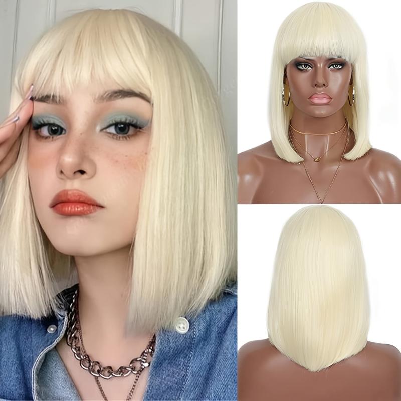 613 Blonde Synthetic Short Bob Wigs With Bangs