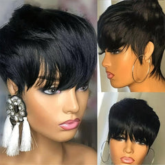 Pixie Cut Wig Short Hair With Bangs Natural Straight Synthetic