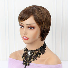 Short Straight Wig Blonde Brown Mixed Synthetic Hair Heat Resistant