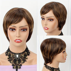 Short Straight Wig Blonde Brown Mixed Synthetic Hair Heat Resistant