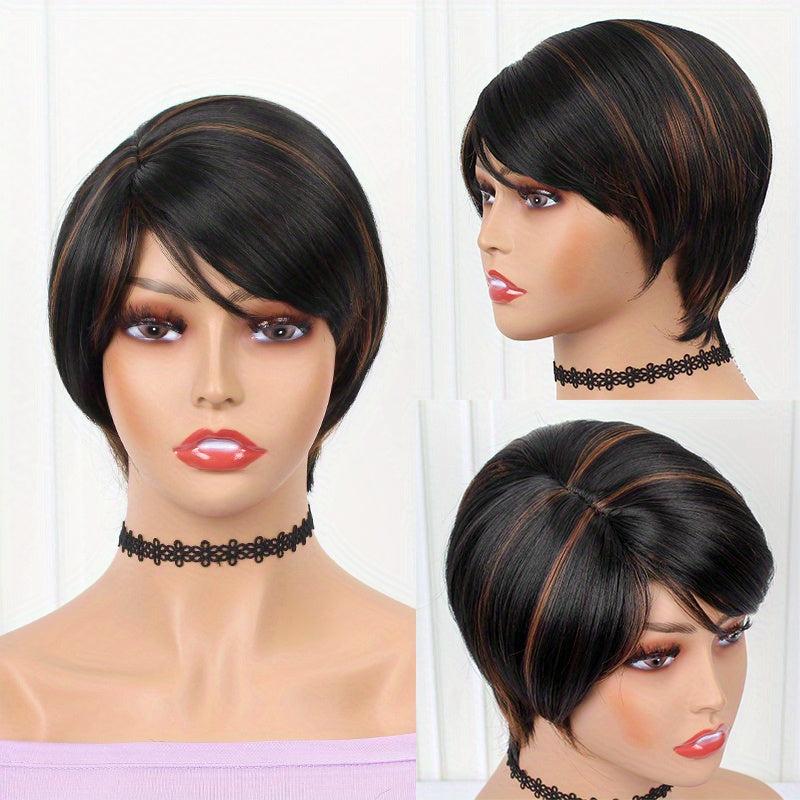 Short Straight Wig Blonde Brown Mixed Synthetic Hair Heat Resistant