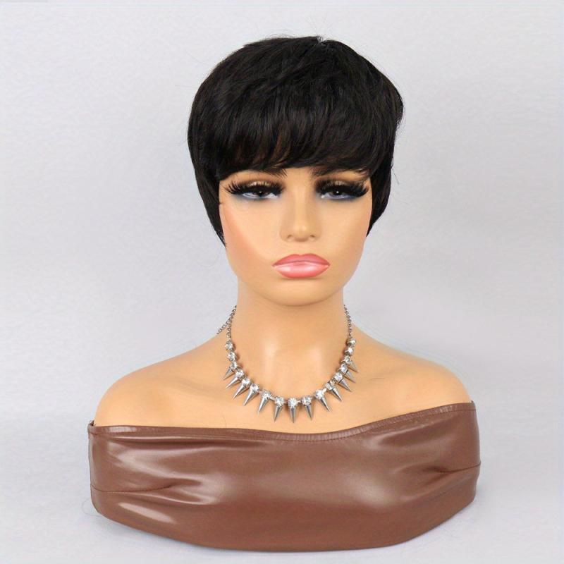 Short Pixie Cut Dark Green Brown Gray Wig Bangs Layered Gluless Wavy Short Wig