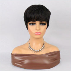 Short Pixie Cut Dark Green Brown Gray Wig Bangs Layered Gluless Wavy Short Wig