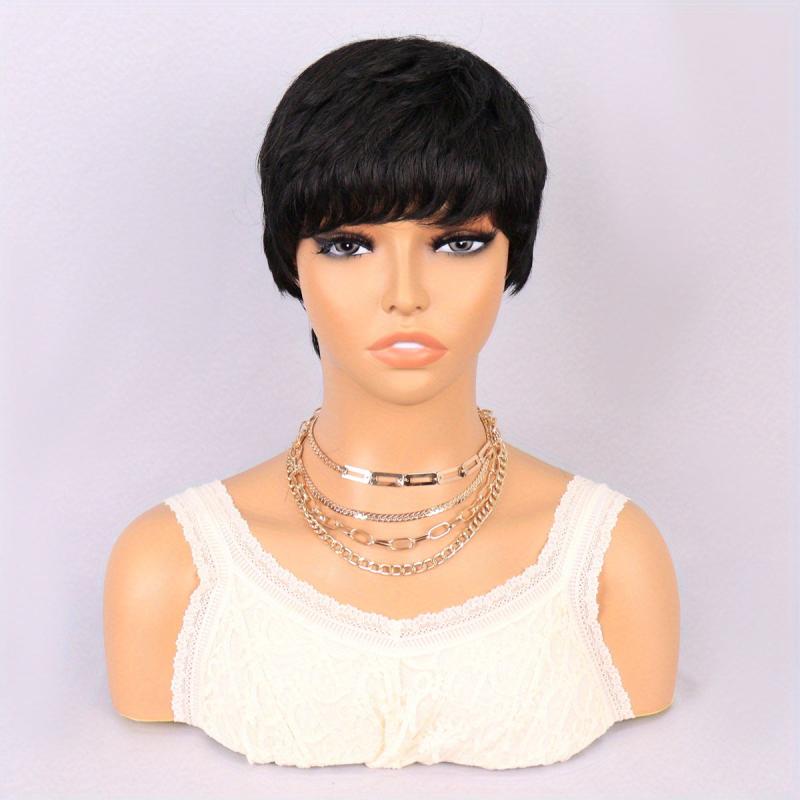 Short Pixie Cut Dark Green Brown Gray Wig Bangs Layered Gluless Wavy Short Wig