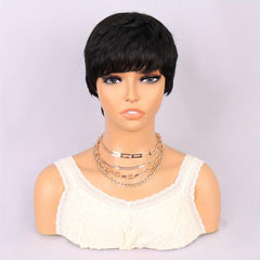 Short Pixie Cut Dark Green Brown Gray Wig Bangs Layered Gluless Wavy Short Wig